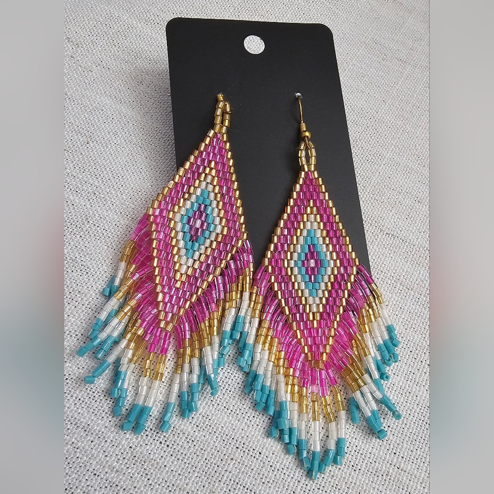 Colorful Boho Chic Beaded Native American Dangle Fringe Earrings 4 Inch NWOT - Picture 10 of 11